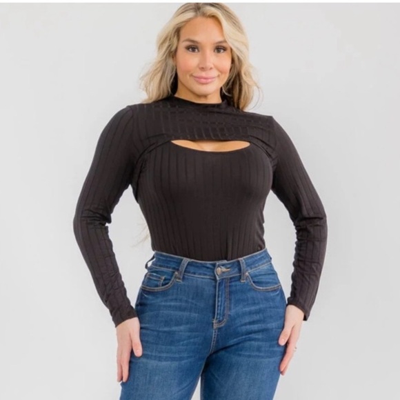 Haute Monde Tops - Black PLUS SIZE LONG SLEEVE BOLERO & SLEEVELESS RIBBED BODYSUIT